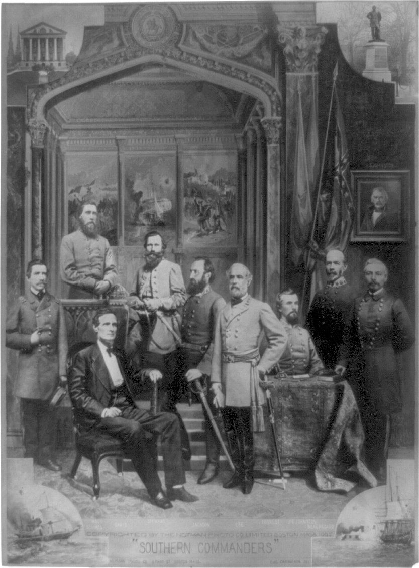 Photo of Military Leaders in the Confedercy. Famous Confederate commanders of the Civil War, 1861-65 included
Hood Stuart, Early, Hill, Polk, J.E. Johnston, Hardee, Smith, Bragg, R. E. Lee, Beauregard, Breckinridge, A.S. Johnston, Jackson, Ewell, Hampton, Fitzhugh Lee, Price, Semmes, and Longstreet.
Lithograph by Sherman Publishing Company, 1884. 
