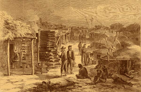 Harpers Weekly Sketch of the Texas POW camp in east texas, Camp Ford