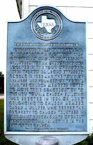 Photo of the Texas Historical Marker at the site of the Leander Presbyterian Church